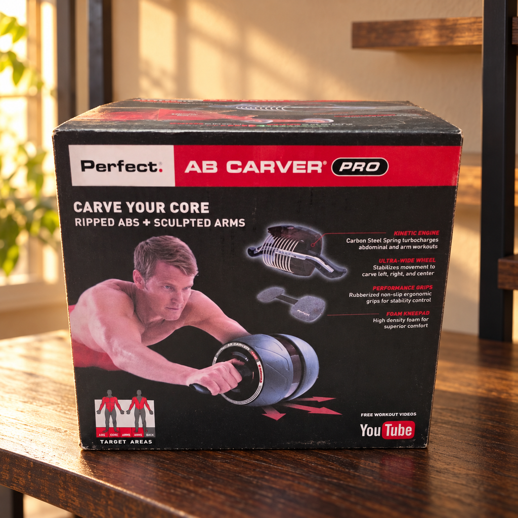AI-styled illustrative storage nook scene with Perfect Fitness Ab Carver Pro retail box; contents not shown