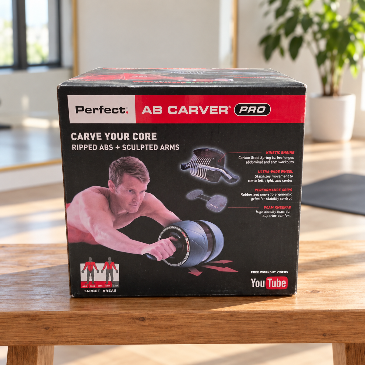AI-styled illustrative exercise studio scene with Perfect Fitness Ab Carver Pro retail box; contents not shown