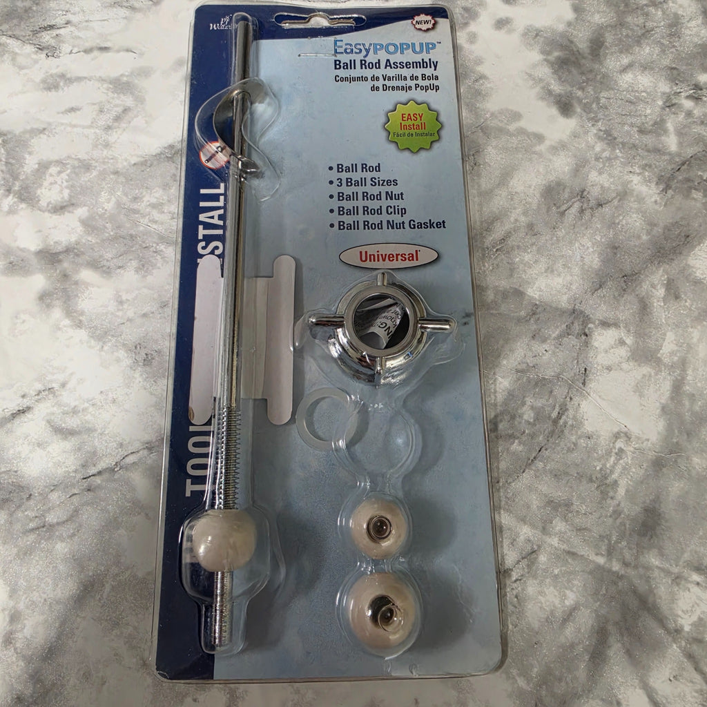 Actual PF WaterWorks EasyPOPUP PF0905 ball rod assembly in its blister package on a marble-pattern surface.