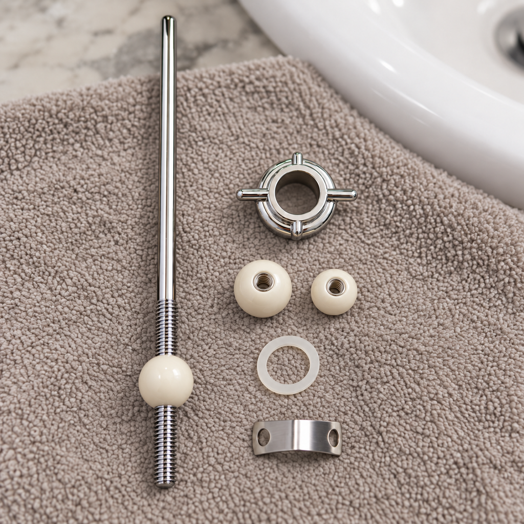 PF WaterWorks EasyPOPUP ball rod, three pivot balls, nut, gasket and spring clip arranged on a bathroom towel.