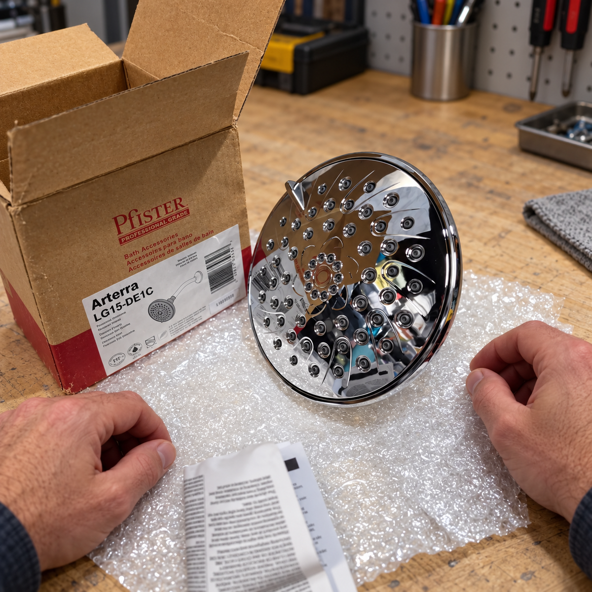 AI-assisted context: visual inspection of the uninstalled Arterra LG15-DE1C showerhead beside its opened box