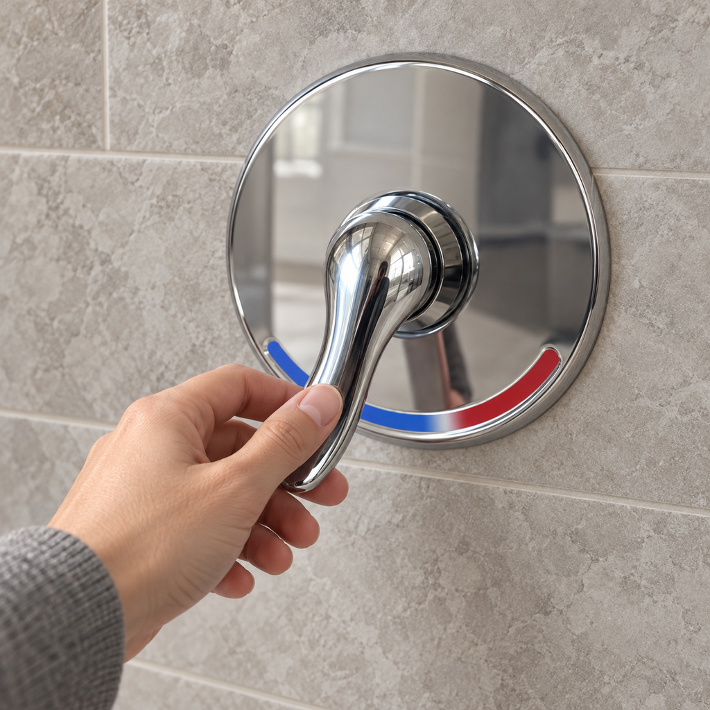Pfister polished chrome lever and hot-cold trim shown in a bathroom use illustration
