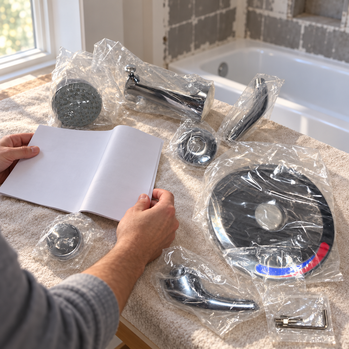 Illustration of Pfister chrome tub and shower trim laid out for a bathroom project; setting props not included