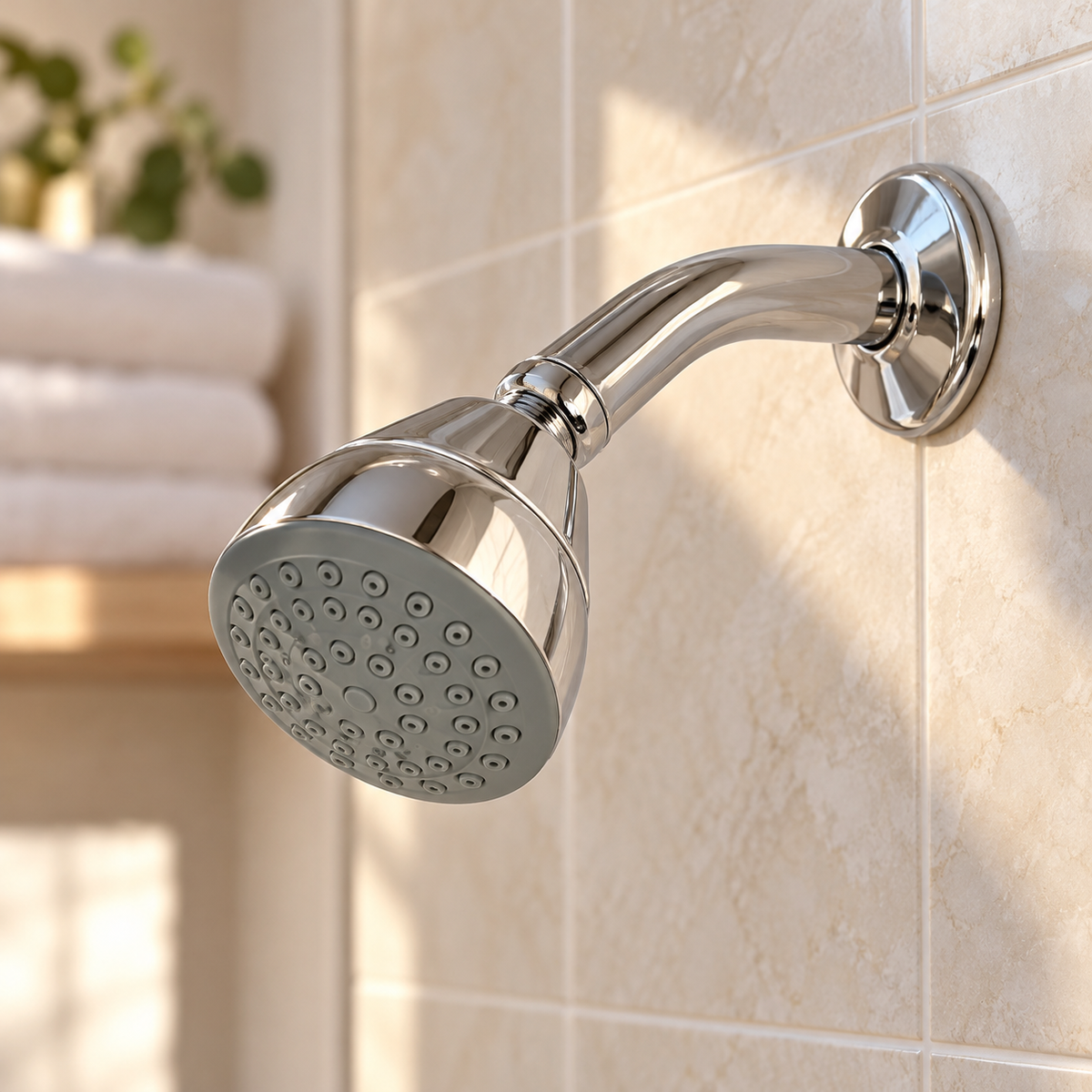 Pfister Pfirst chrome showerhead and arm shown in a bathroom setting illustration