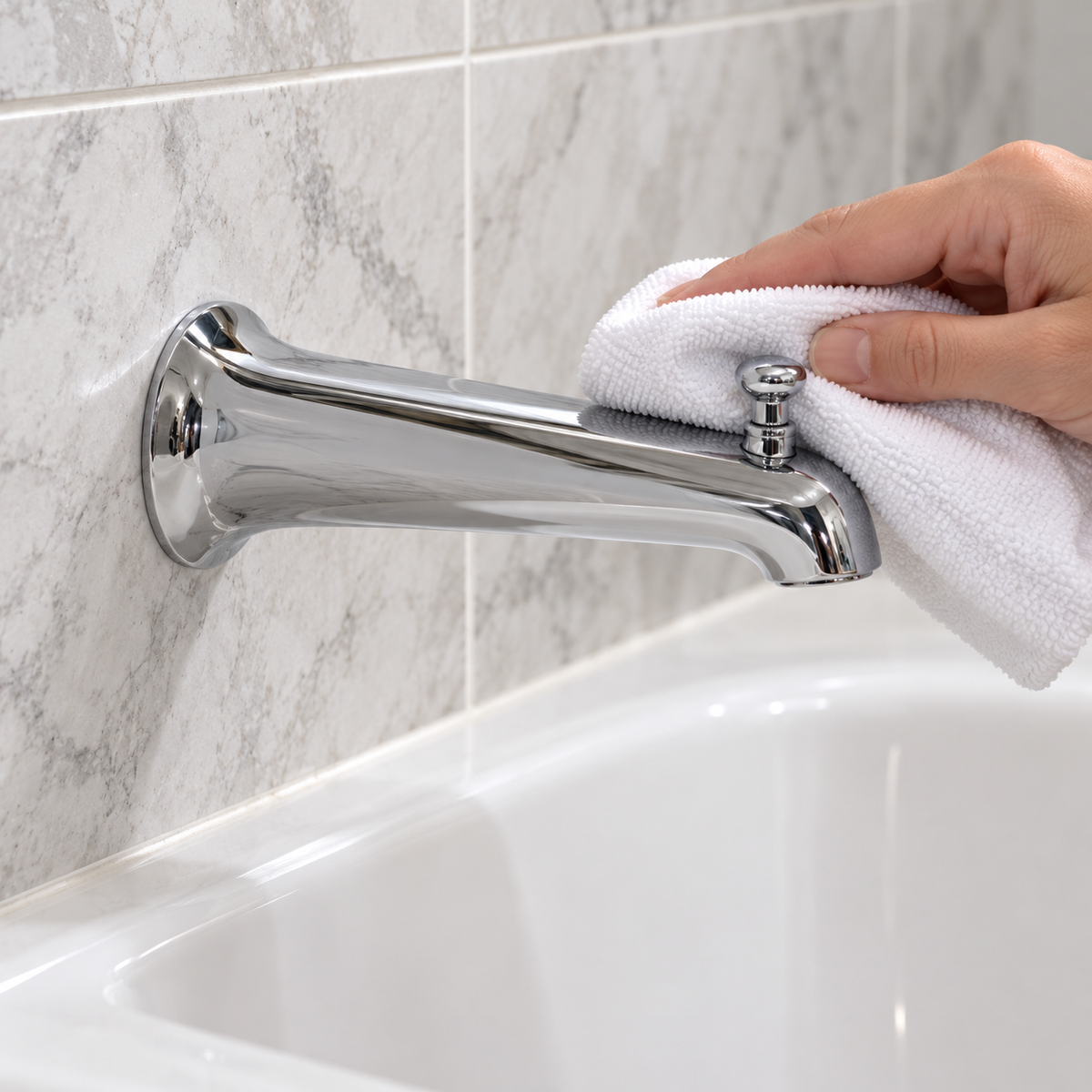 Pfister polished chrome diverter tub spout shown being wiped with a soft cloth