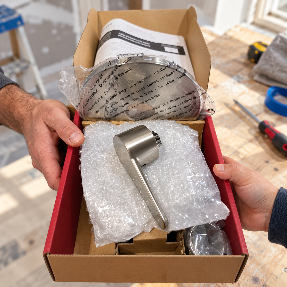 AI context illustration of the actual-style opened Pfister R89-040K trim carton during handoff; surrounding props not included