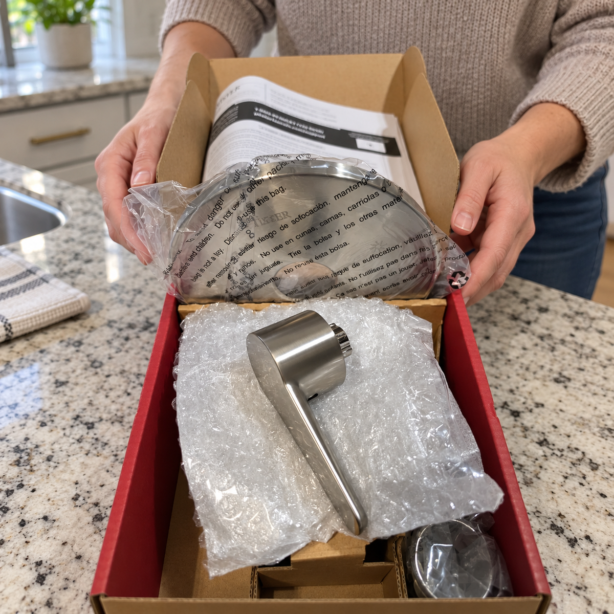AI context illustration of the actual-style opened Pfister R89-040K trim carton during inspection; surrounding props not included