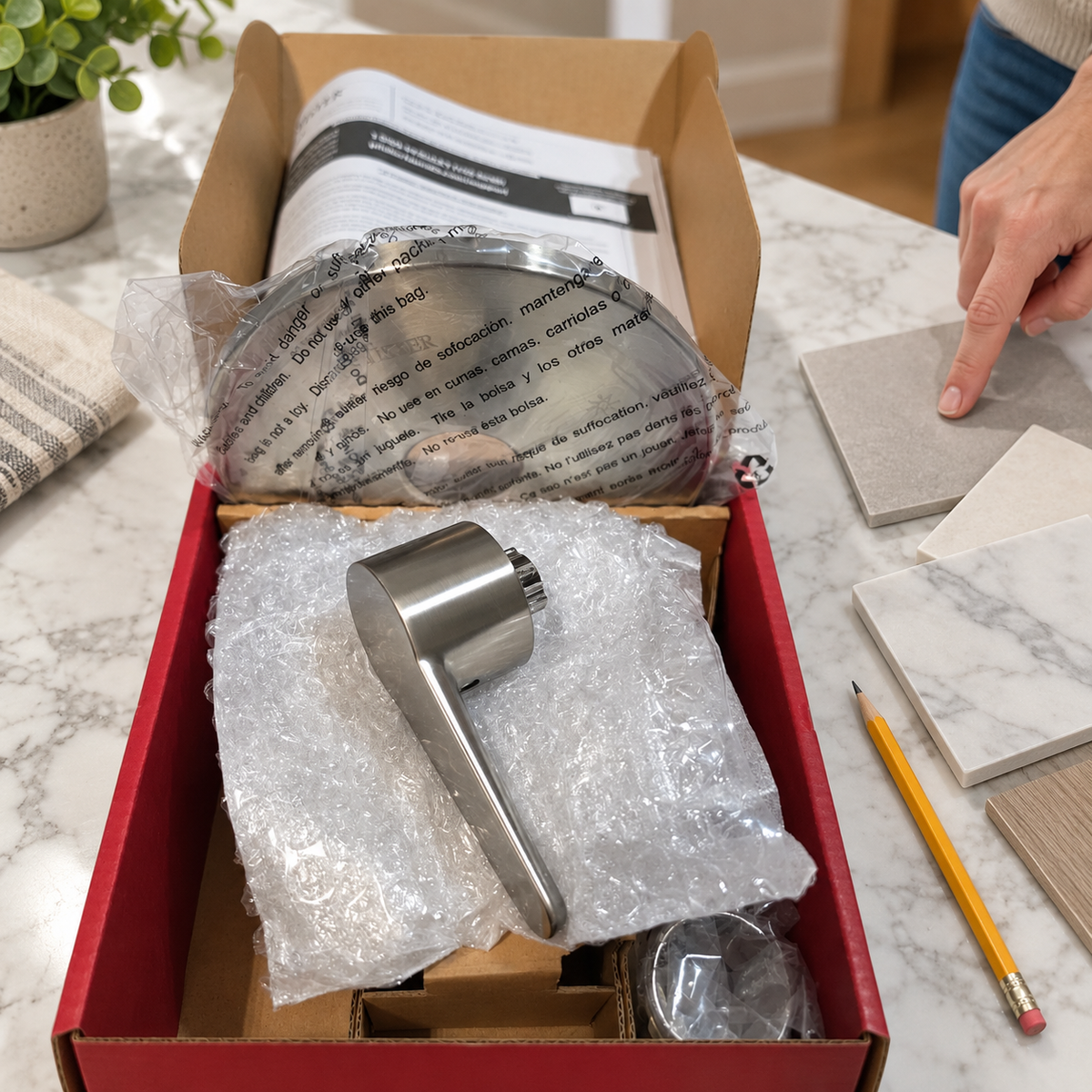 AI context illustration of the actual-style opened Pfister R89-040K trim carton during planning; surrounding props not included