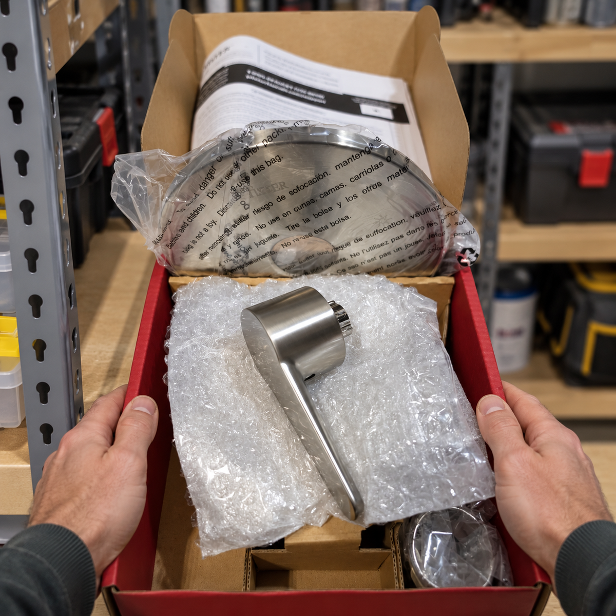 AI context illustration of the actual-style opened Pfister R89-040K trim carton during storage; surrounding props not included