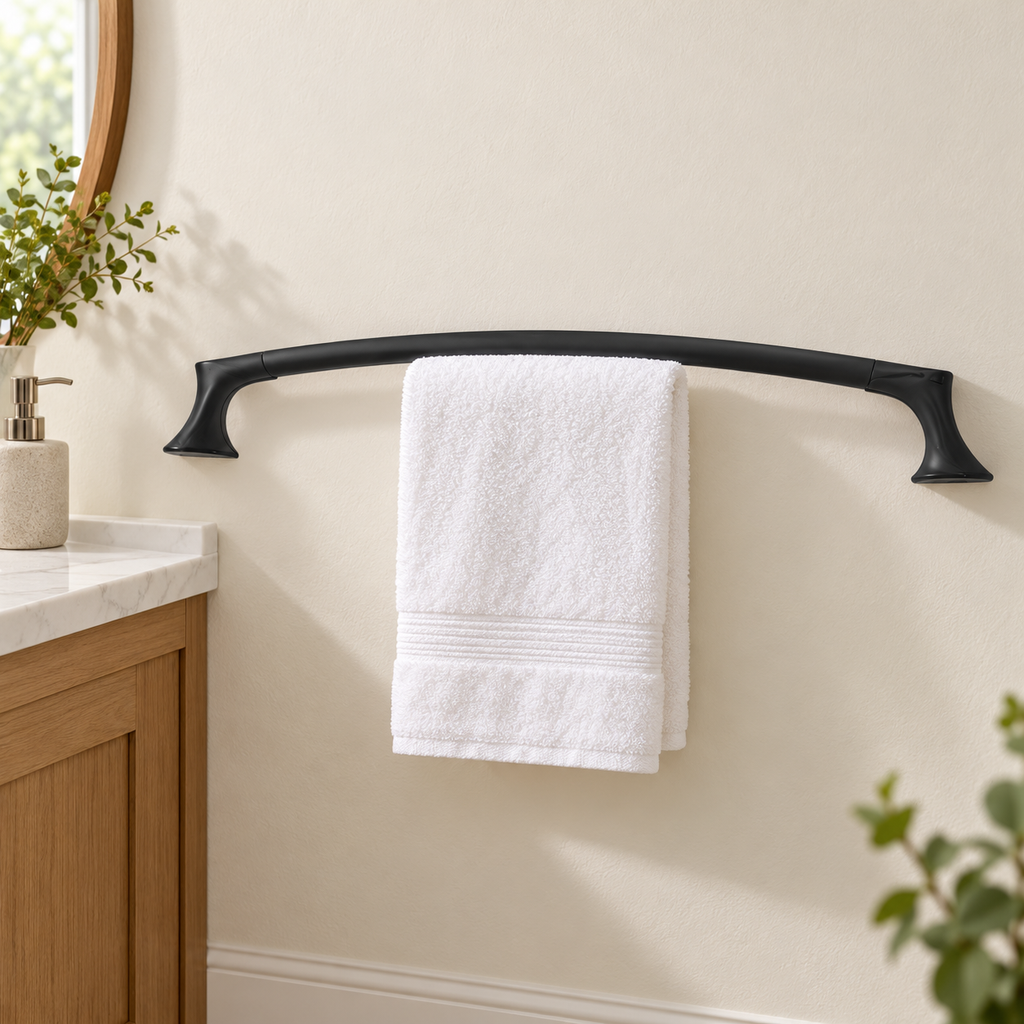 Pfister Rhen matte black towel bar shown in an ivory bathroom with a white hand towel