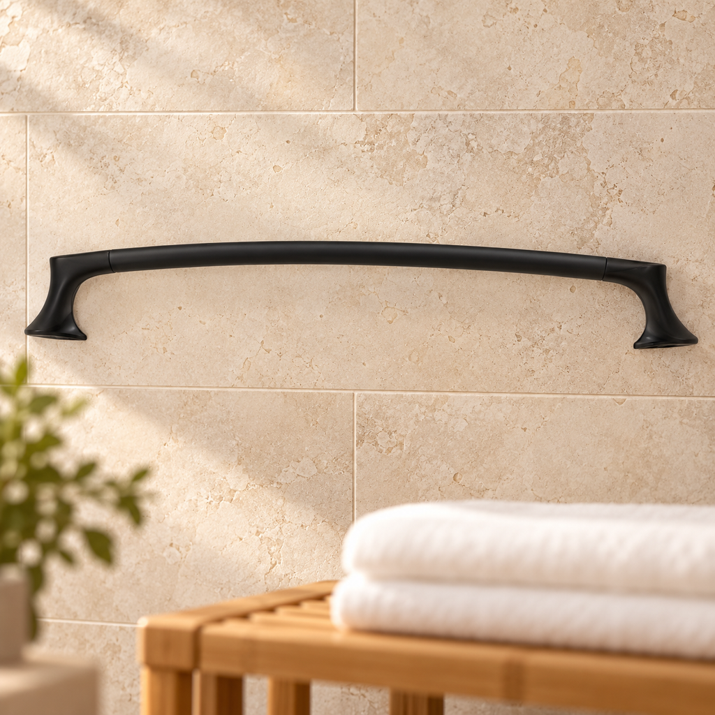 Pfister Rhen matte black towel bar on a beige tiled bathroom wall