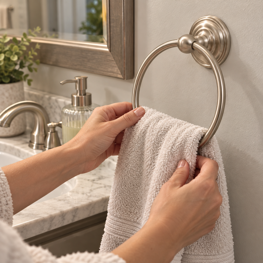 Placing a hand towel through a brushed nickel Pfister Redmond towel ring beside a sink