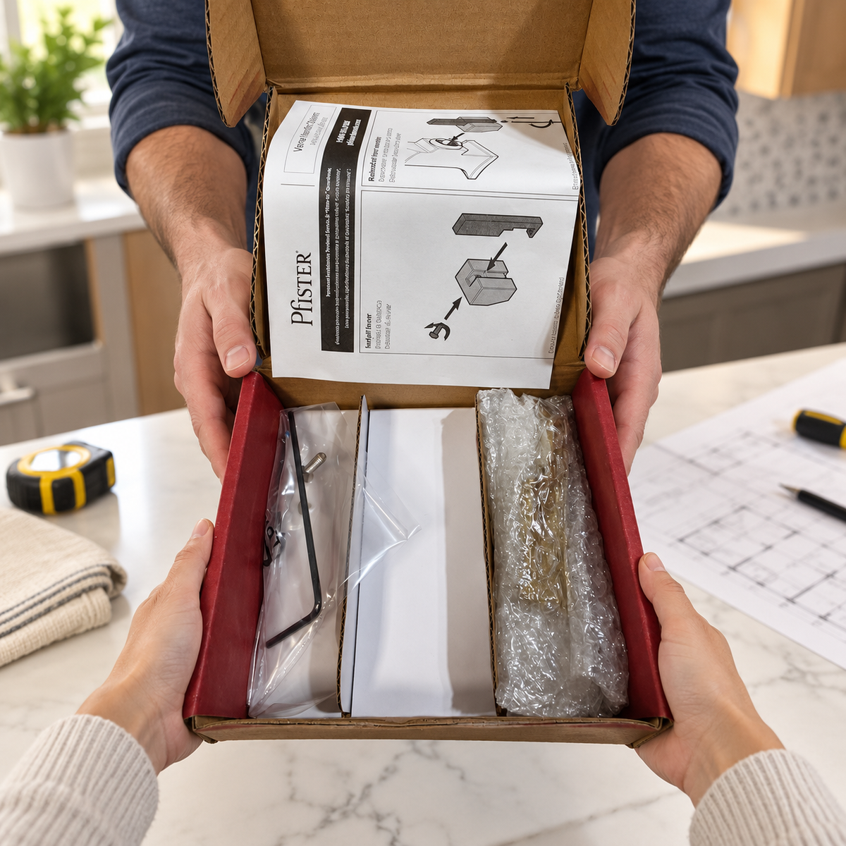 AI illustration of handing over the opened Pfister Verve handle kit; wrapped lever remains in its box