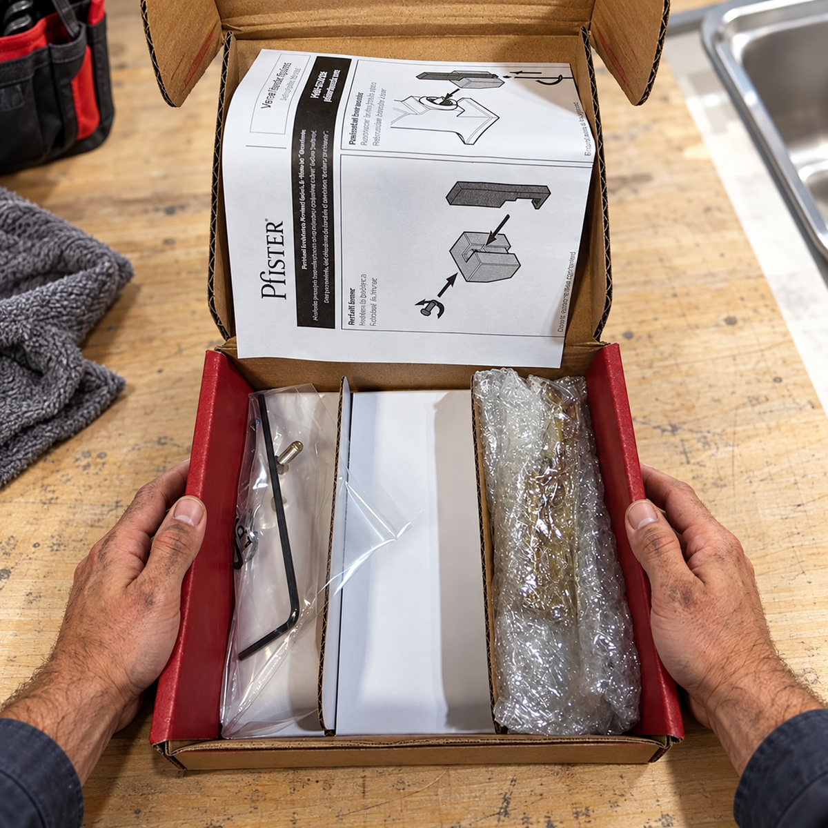 AI illustration of the opened Pfister Verve lever kit on a workbench before inspection