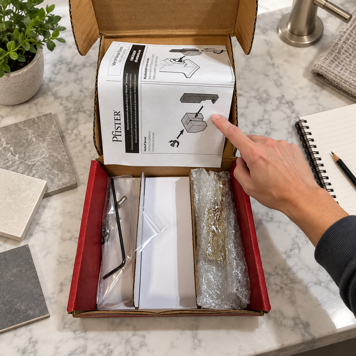 AI illustration of the opened Pfister Verve handle kit during project planning; wrapped components and guide shown