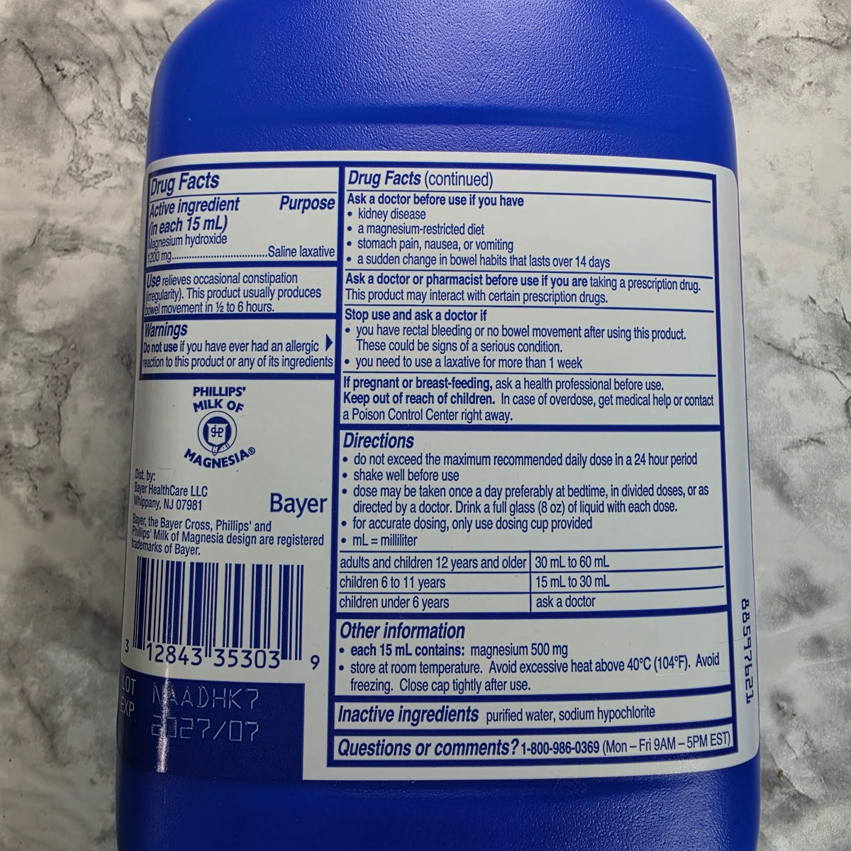 Actual stocked Phillips' Milk of Magnesia Original 26 oz bottle Drug Facts label