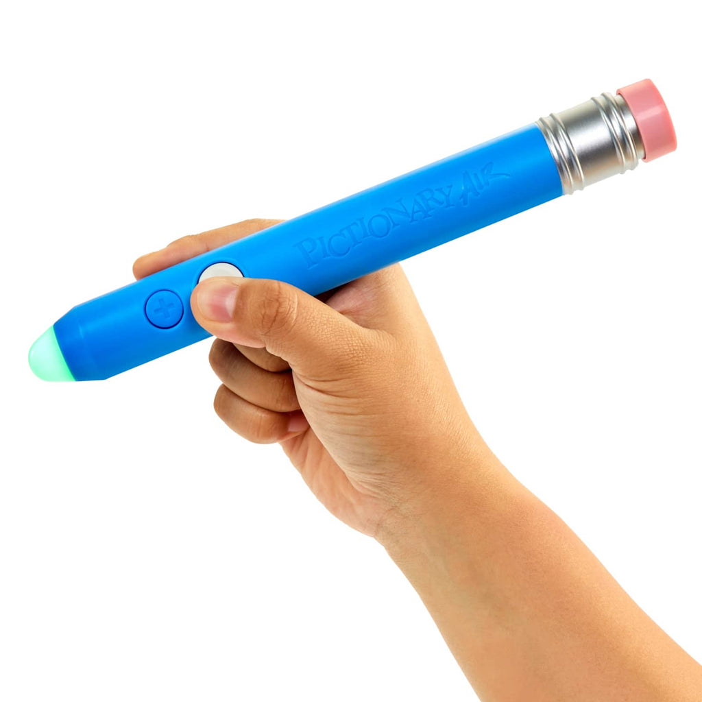 Pictionary Air 2 blue light pen held in a hand, with a green-lit tip and draw and plus buttons visible.