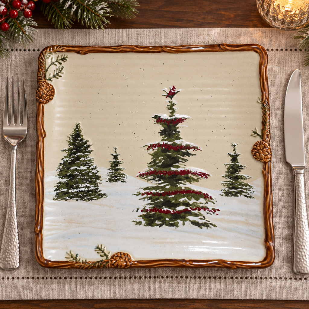 Snow Valley tree dinner plate in a holiday place setting