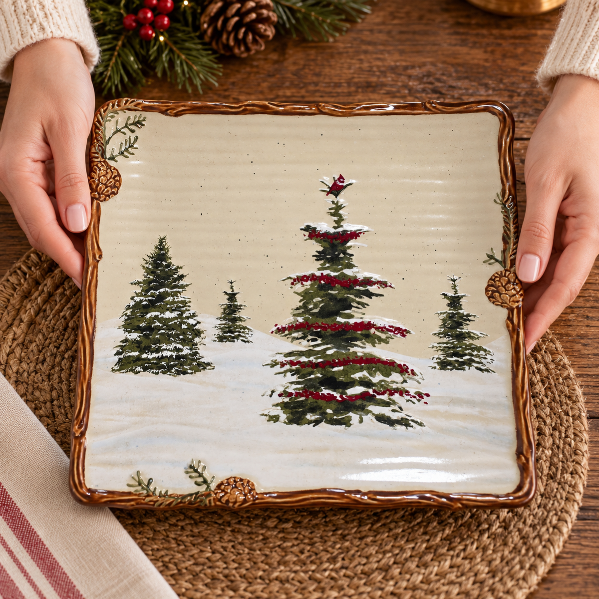 Hands placing a Snow Valley square dinner plate on a table