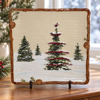 Snow Valley tree and cardinal plate displayed on a stand