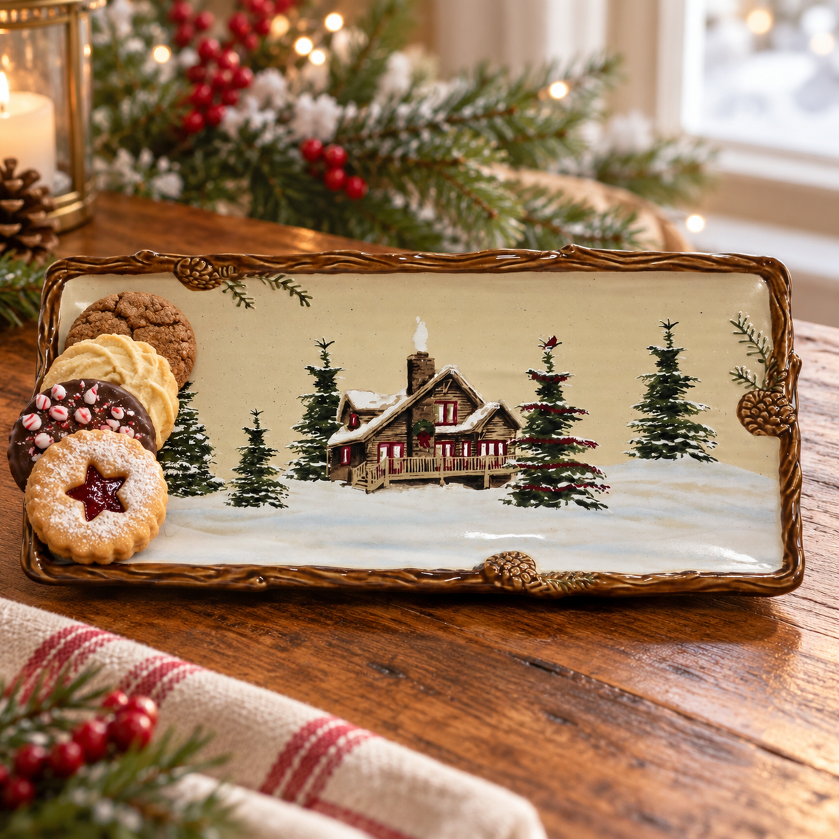 Snow Valley cabin platter serving holiday cookies