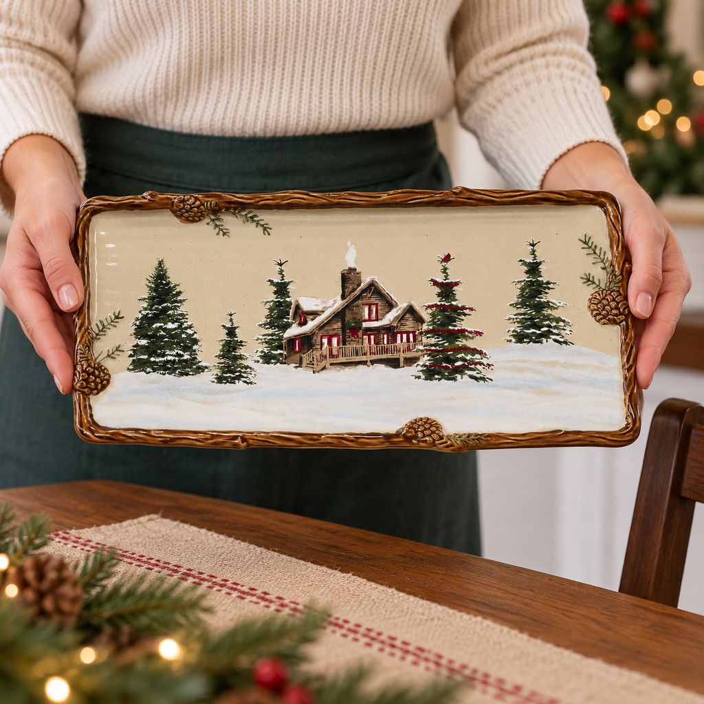 Hands holding the rectangular Snow Valley cabin platter
