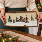 Hands holding the rectangular Snow Valley cabin platter