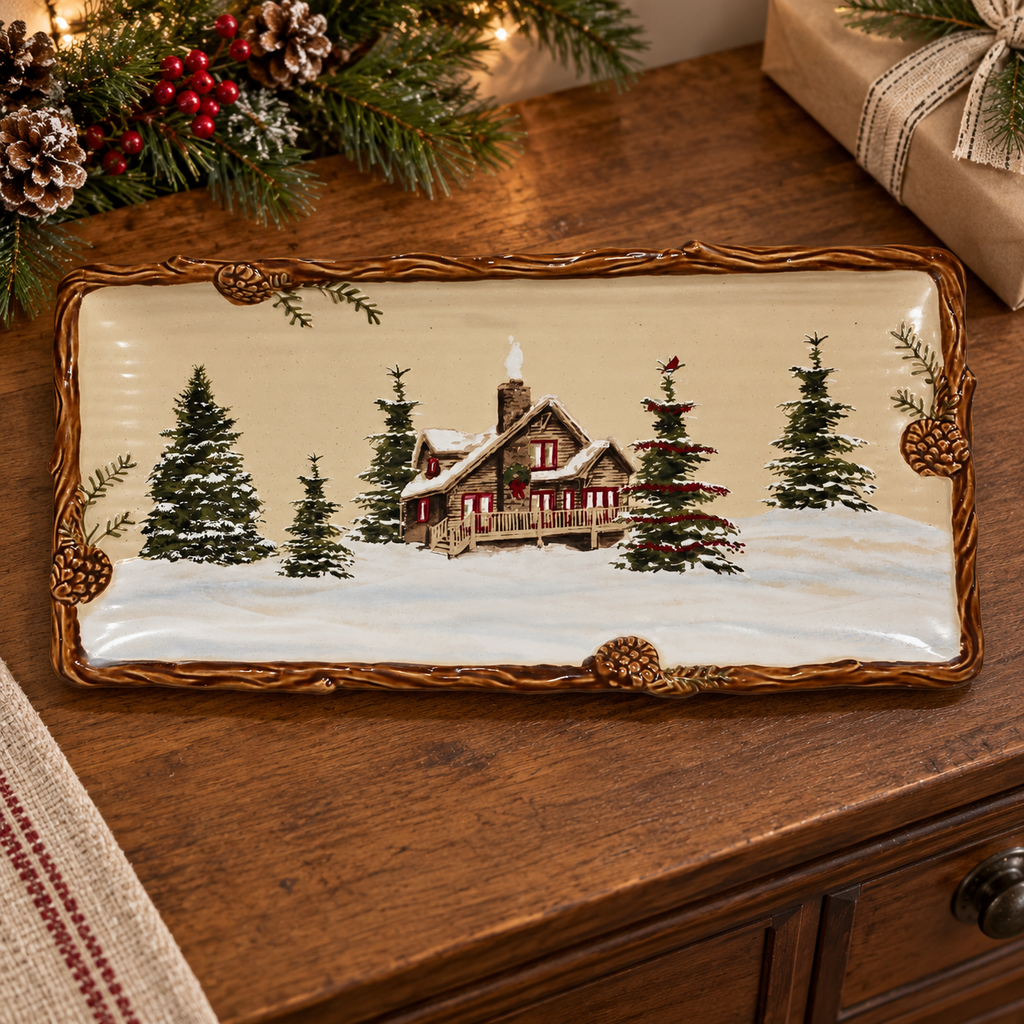 Snow Valley cabin platter displayed on a winter sideboard