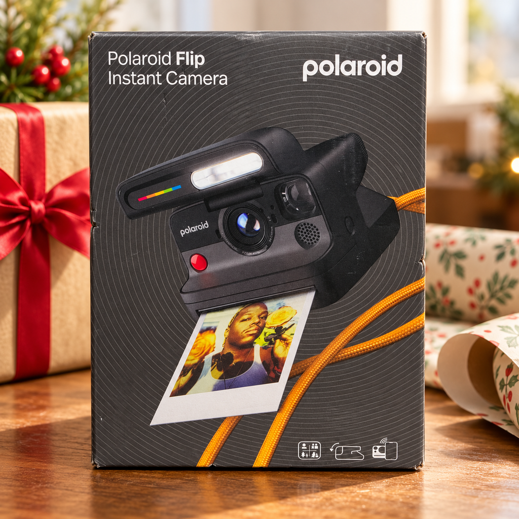 AI-generated lifestyle scene of one closed Polaroid Flip black instant camera retail box in a gift table setting. Props not included.