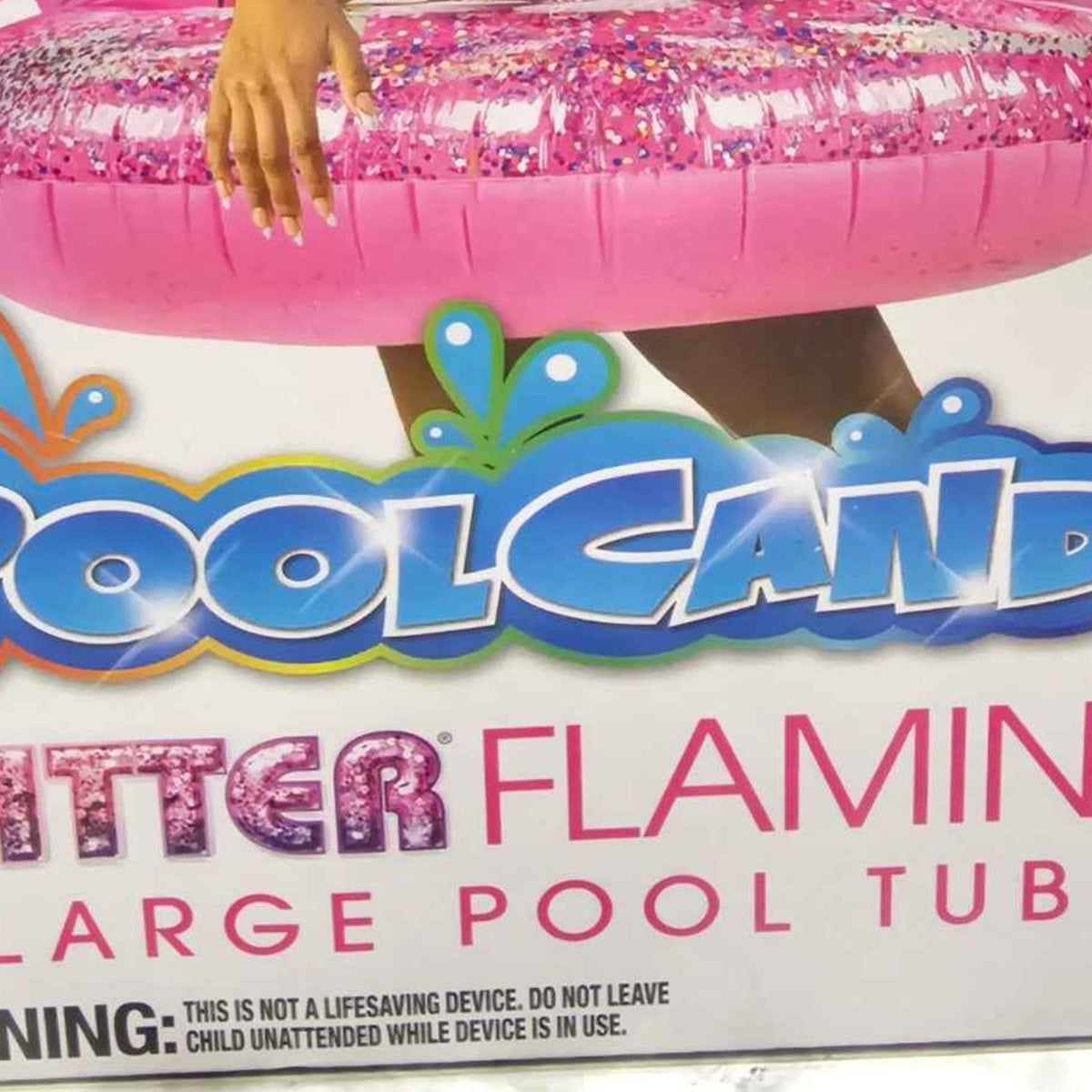 Actual photo detail of PoolCandy Glitter Flamingo pool tube 40 inch and 250 pound capacity package marking