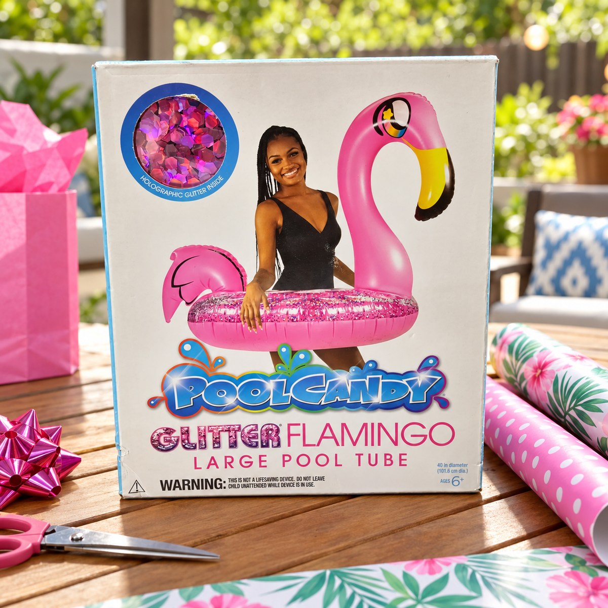 AI-generated lifestyle scene of one closed PoolCandy Glitter Flamingo 40-inch pool tube box in a gift table setting. Props not included.