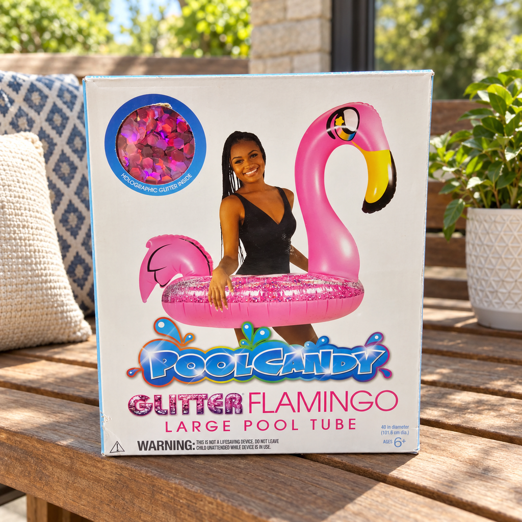 AI-generated lifestyle scene of one closed PoolCandy Glitter Flamingo 40-inch pool tube box in a patio bench setting. Props not included.