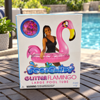 AI-generated lifestyle scene of one closed PoolCandy Glitter Flamingo 40-inch pool tube box in a poolside table setting. Props not included.