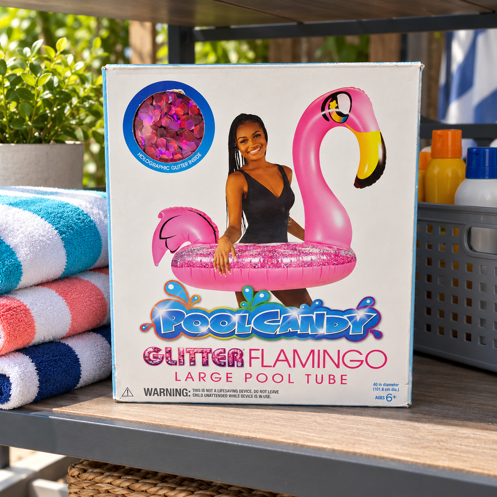 AI-generated lifestyle scene of one closed PoolCandy Glitter Flamingo 40-inch pool tube box in a supply shelf setting. Props not included.