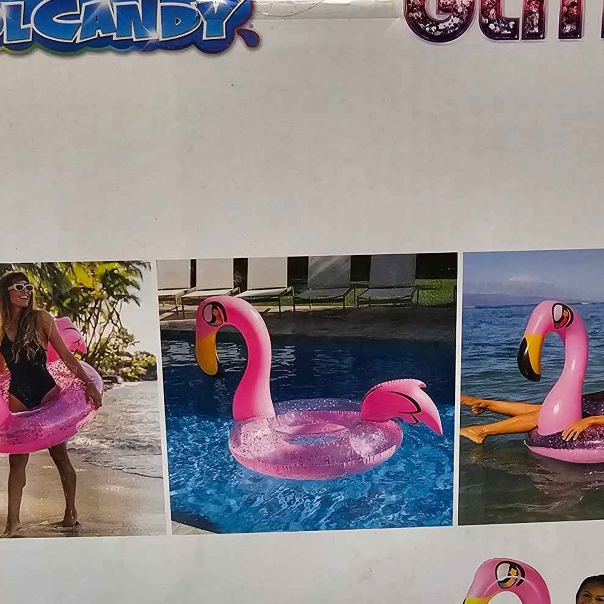 Actual photo detail of PoolCandy Glitter Flamingo inflatable pool tube package side