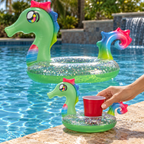 Hand placing a cup in the matching seahorse drink float beside the larger pool tube