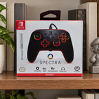 AI-generated lifestyle scene of one closed PowerA Spectra Nintendo Switch wired controller retail box in a collector shelf setting. Props not included.
