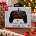 AI-generated lifestyle scene of one closed PowerA Spectra Nintendo Switch wired controller retail box in a gift table setting. Props not included.