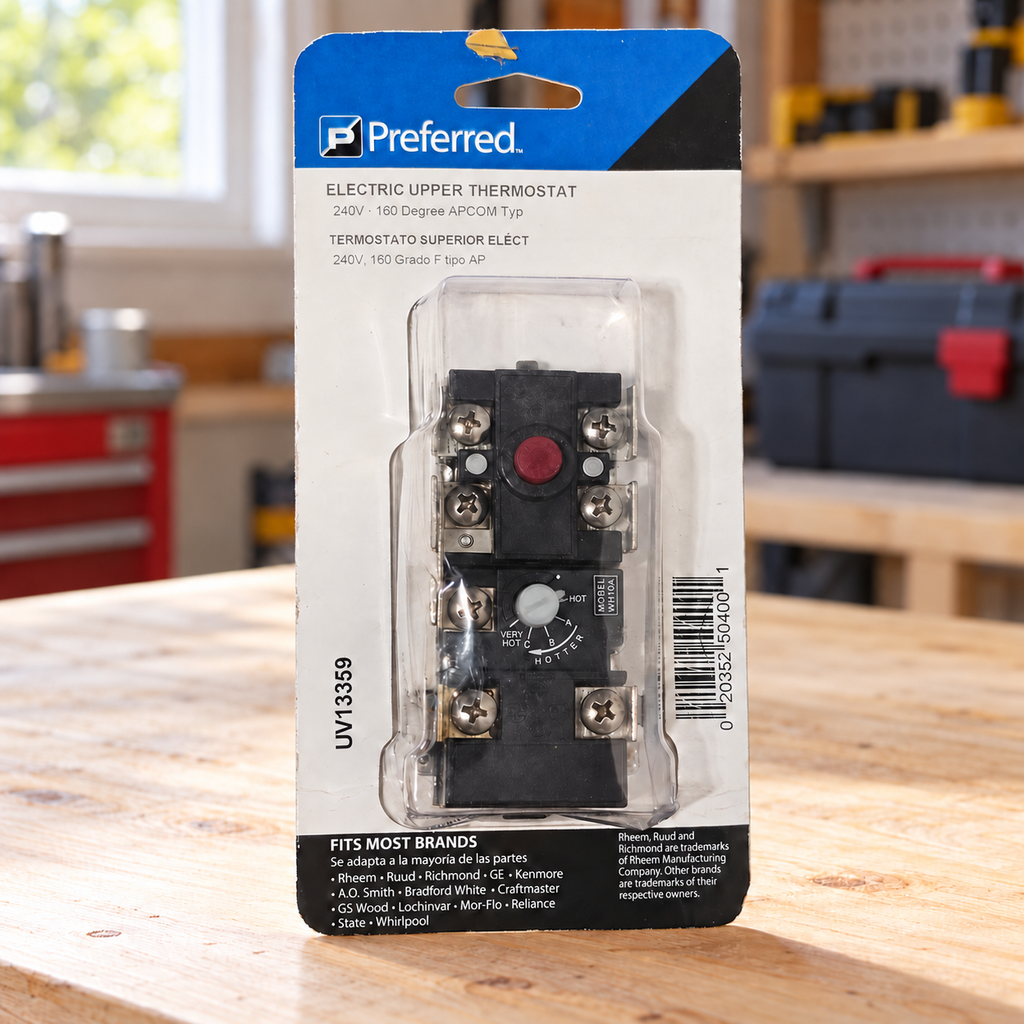 Illustrative scene of Preferred UV13359 upper thermostat in its retail package on a pale wood garage workbench
