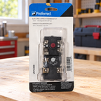 Illustrative scene of Preferred UV13359 upper thermostat in its retail package on a pale wood garage workbench