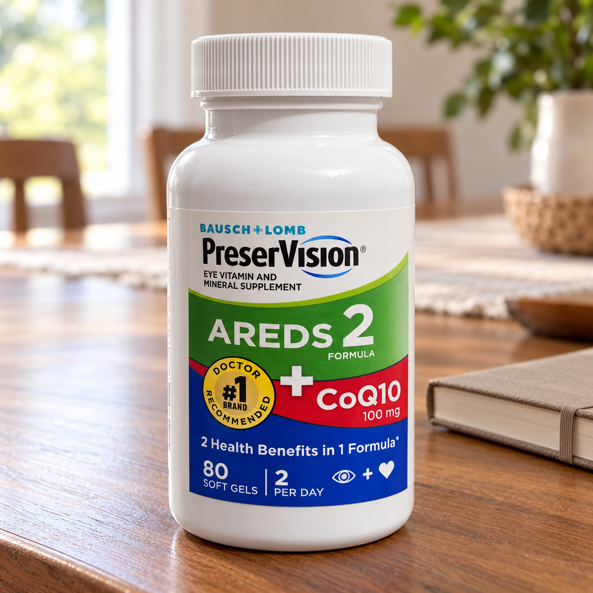 AI-generated illustration of one PreserVision AREDS 2 + CoQ10 80-softgel bottle on a dining sideboard beside a notebook. Background props are not included.