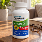 AI-generated illustration of one PreserVision AREDS 2 + CoQ10 80-softgel bottle on a home reading table beside glasses. Background props are not included.