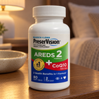 AI-generated illustration of one PreserVision AREDS 2 + CoQ10 80-softgel bottle on a bedroom dresser beside a ceramic catchall. Background props are not included.