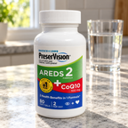 AI-generated illustration of one PreserVision AREDS 2 + CoQ10 80-softgel bottle on a dry breakfast counter beside a water glass. Background props are not included.