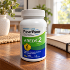 AI-generated illustration of one unboxed PreserVision AREDS 2 140-count Mini Soft Gels bottle on a dining sideboard beside a notebook. Background props are not included.