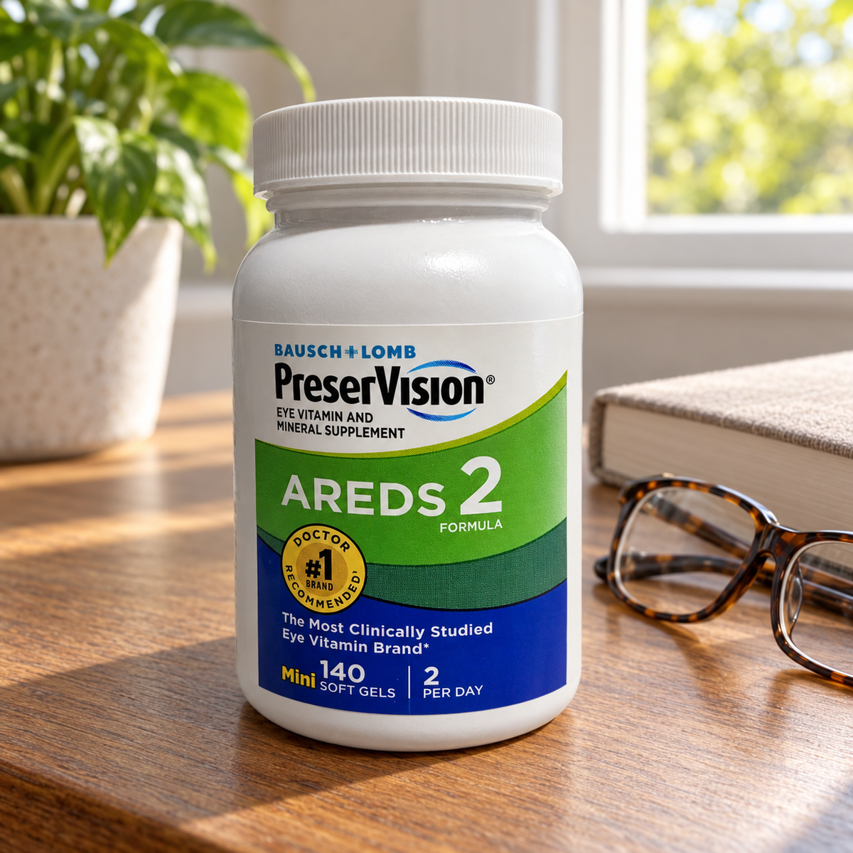 AI-generated illustration of one unboxed PreserVision AREDS 2 140-count Mini Soft Gels bottle on a home reading table beside glasses. Background props are not included.