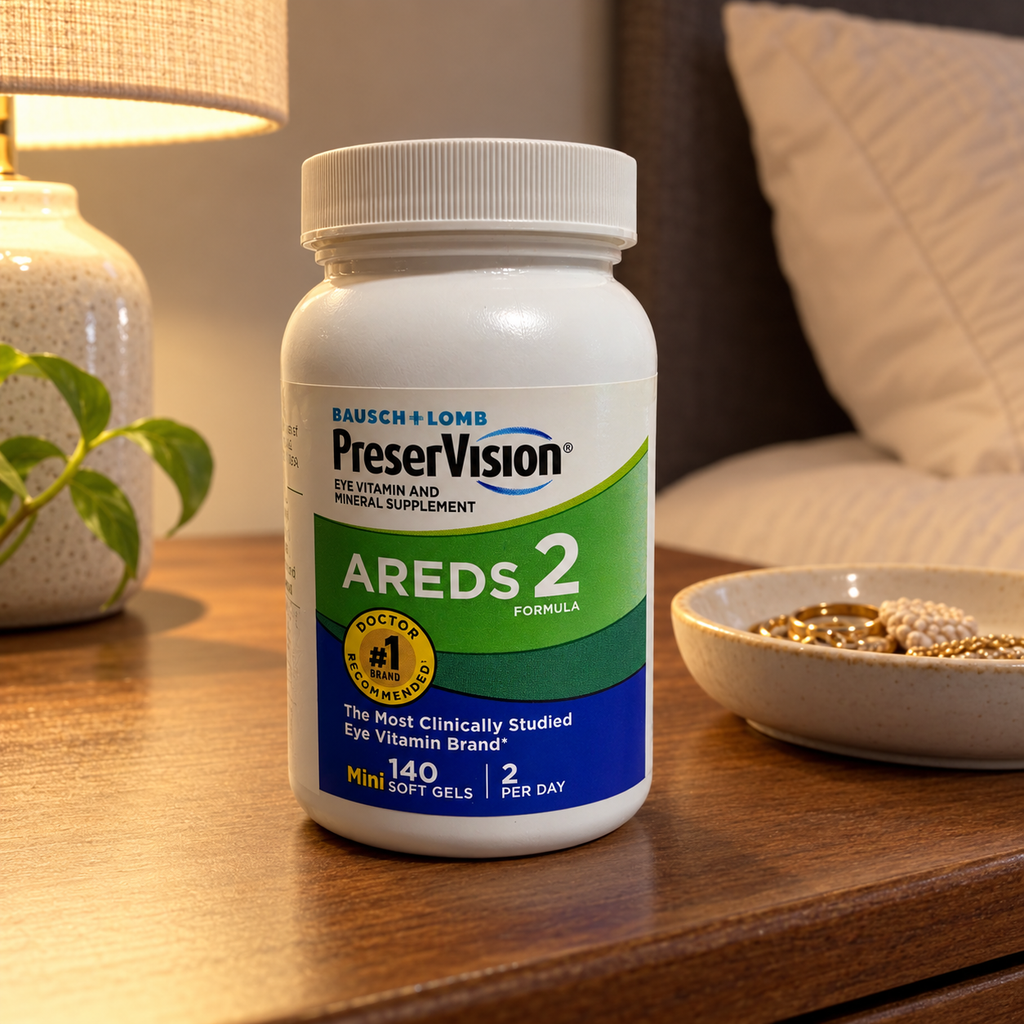 AI-generated illustration of one unboxed PreserVision AREDS 2 140-count Mini Soft Gels bottle on a bedroom dresser beside a catchall. Background props are not included.