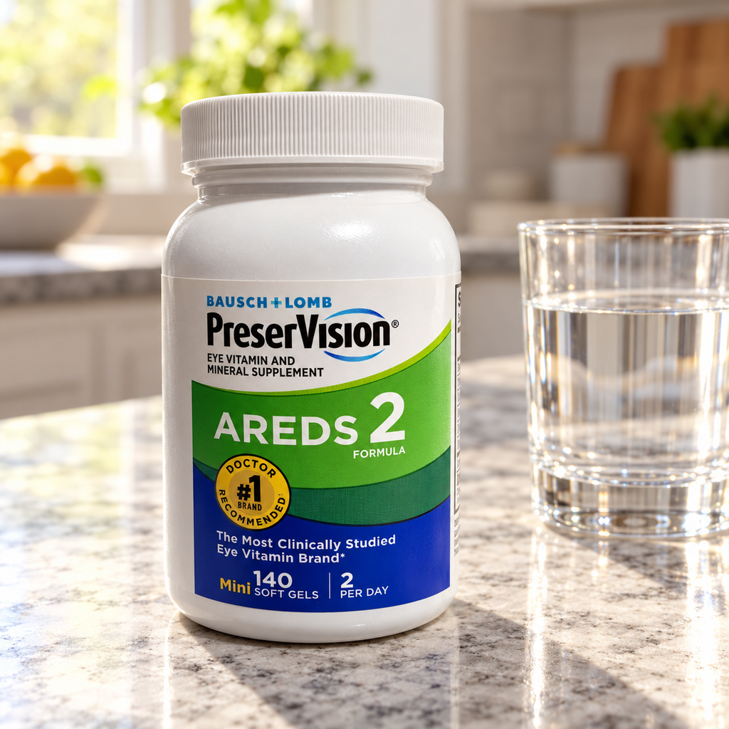 AI-generated illustration of one unboxed PreserVision AREDS 2 140-count Mini Soft Gels bottle on a dry breakfast counter beside a water glass. Background props are not included.