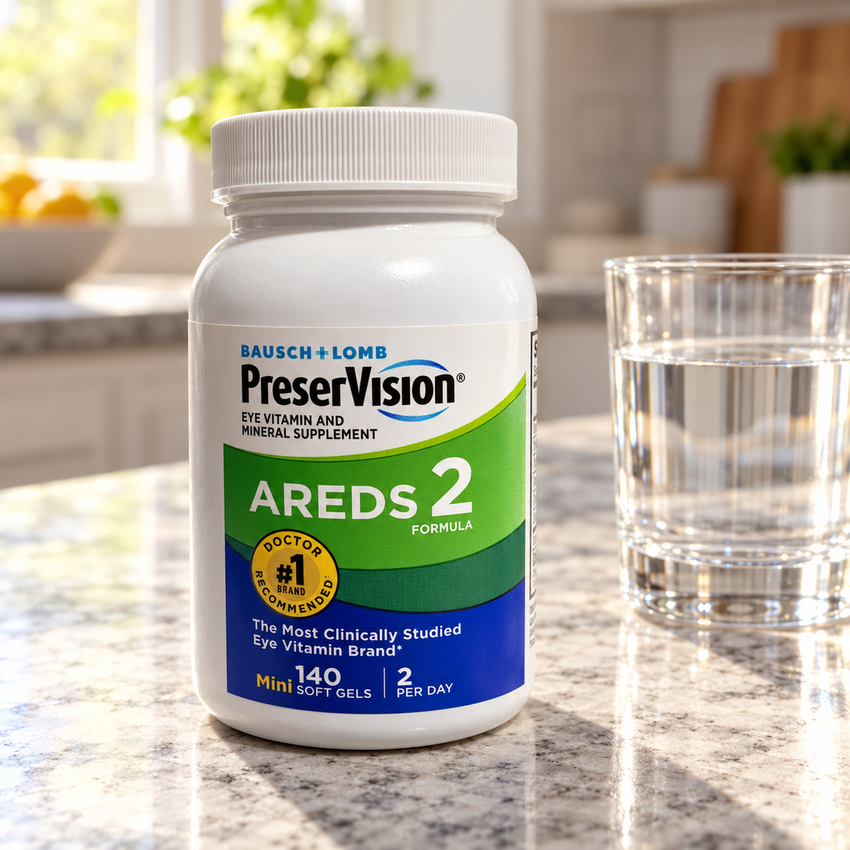 AI-generated illustration of one unboxed PreserVision AREDS 2 140-count Mini Soft Gels bottle on a dry breakfast counter beside a water glass. Background props are not included.