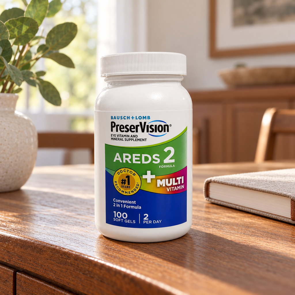 AI-generated illustration of one PreserVision AREDS 2 + Multivitamin 100-softgel bottle on a dining sideboard beside a notebook. Background props are not included.